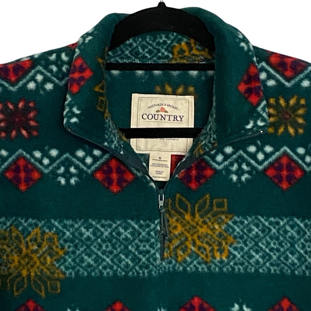 Victorias Secret Country Green Fleece 1/4 Zip Pullover Fair Isle Size Small - Picture 3 of 9